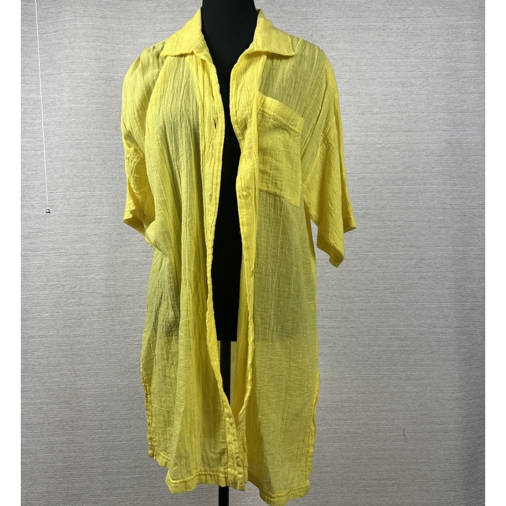 Gauze Seaside Resortwear Yellow Shirt Dress Cover Up Medium 100% Cotton Beach